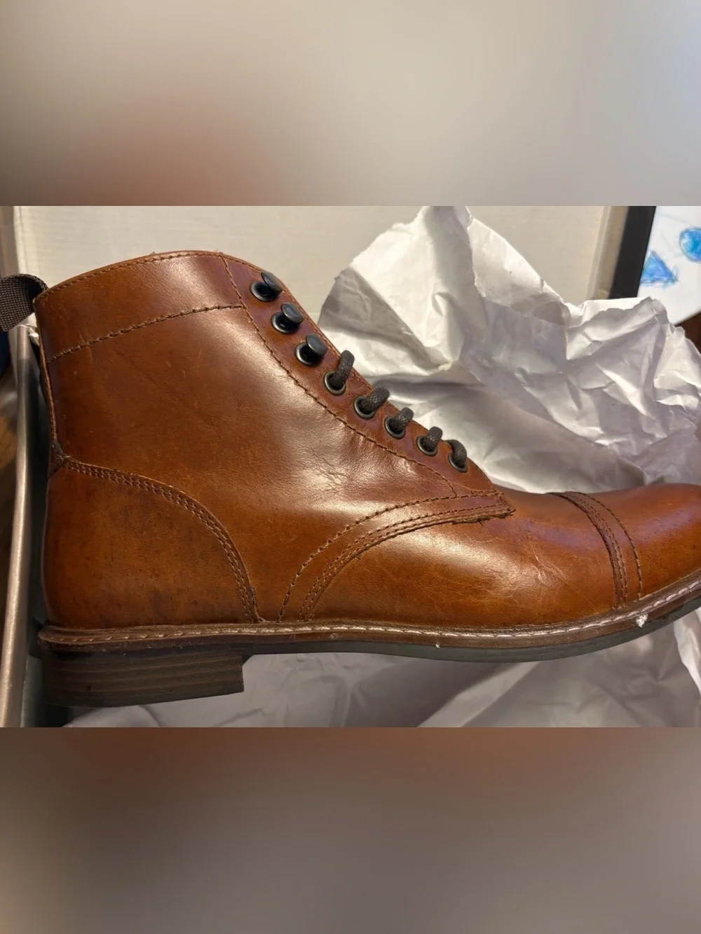 Crown Vintage Men’s Lingdale Leather Cap Toe Lace-Up Boots, Size 10.5, Cognac